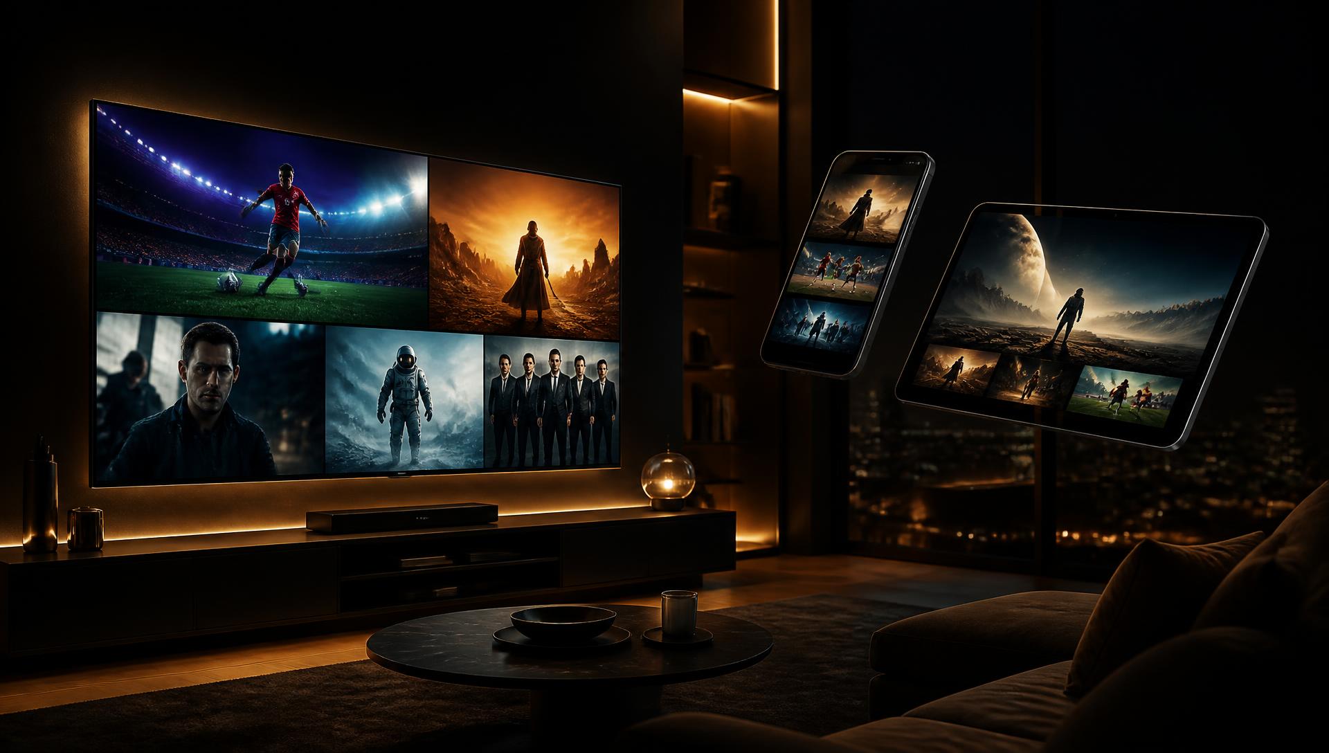 Sala de estar com Smart TV, celular e tablet exibindo esportes, filmes e séries